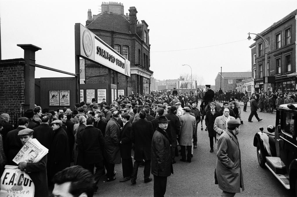 Scenes outside Stamford Bridge Stadium half an hour before the game between Chelsea FC and Tottenham Hotspur - FA Cup Fifth Round London 20th February 1965